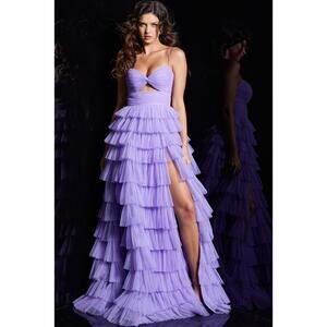 Jovani 38290 Lilac Purple Tulle Ruffle Sweetheart Slit Evening Gown Tiered Dress